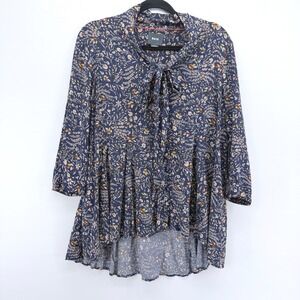 Maeve Anthropologie Floral Tie Neck Tunic Top Blue Small Pleated Blouse